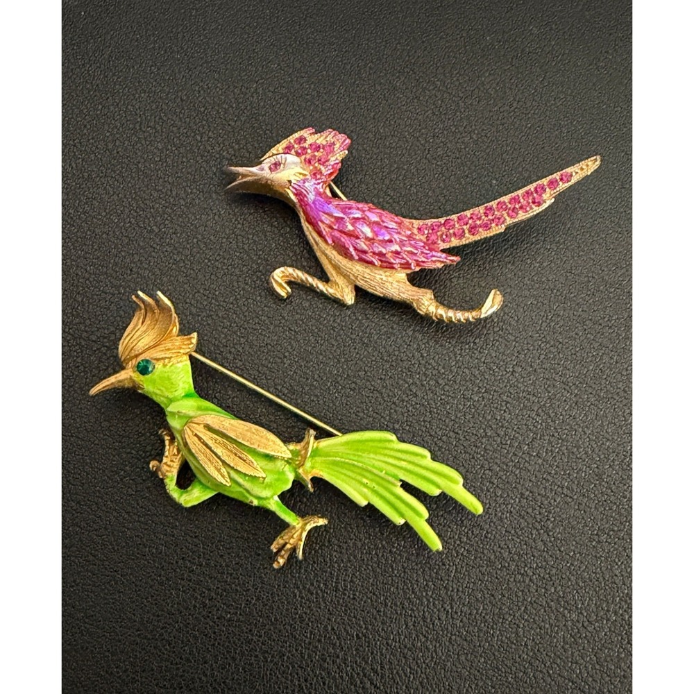 Vintage Roadrunner Brooch Set of 2 Enamel Rhinestone Gold Tone Pink Green